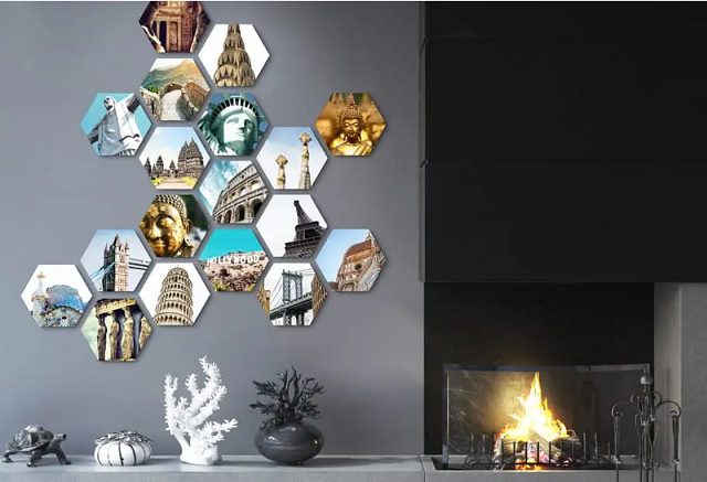 Hexagon vormen met persoonlijke foto’s als wanddecoratie